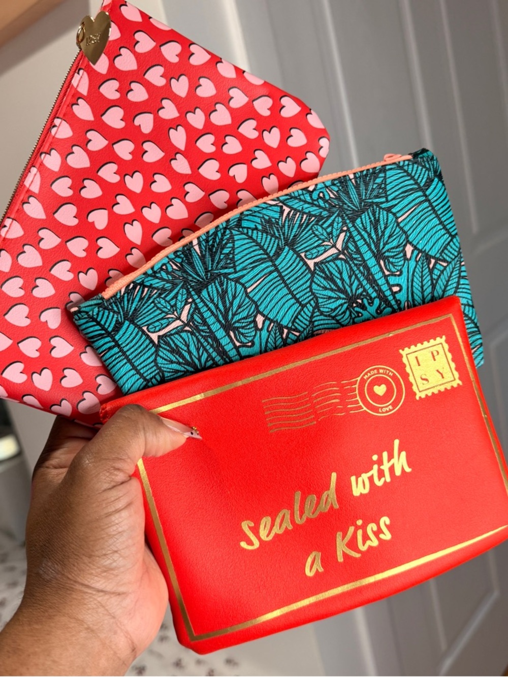 Set of 3 IPSY Printed Cosmetic Pouches - Red, Pink & Teal